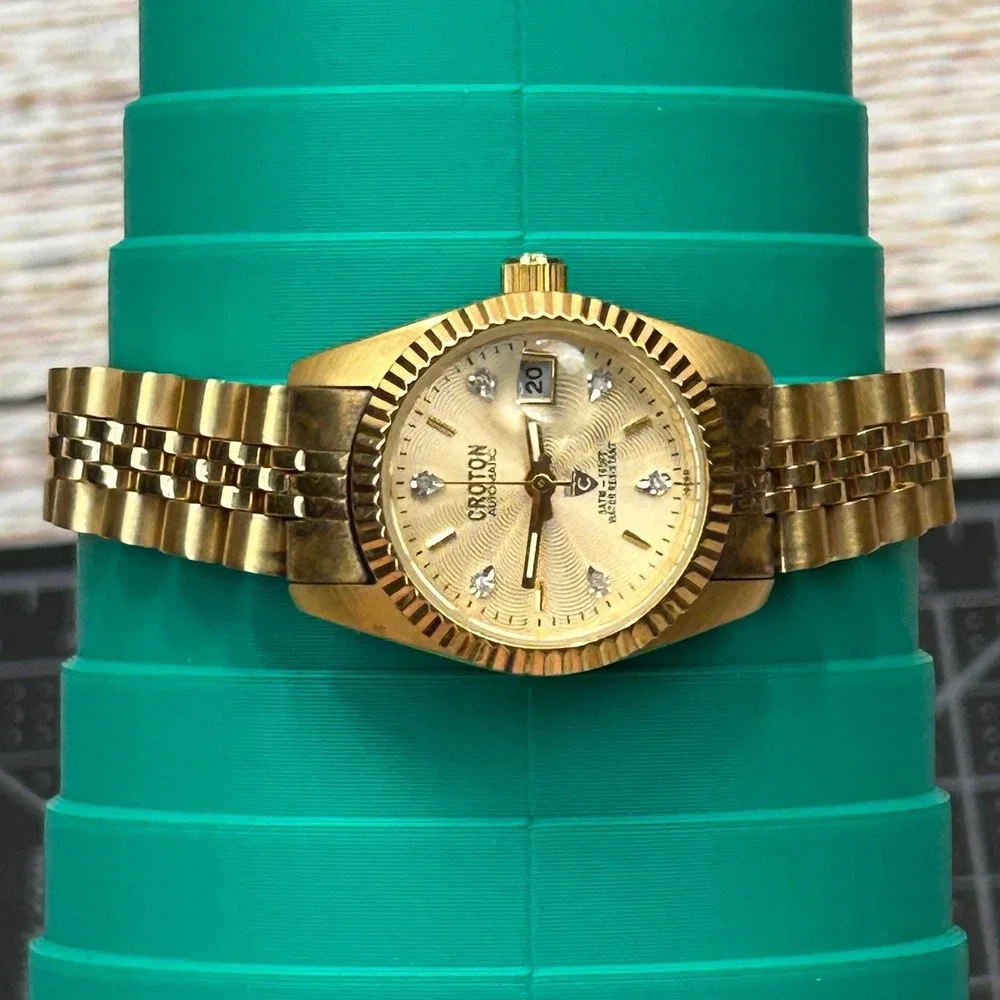 Croton Automatic Gold Tone Watch Fluted‎ Bezel Crystal Markers Tested